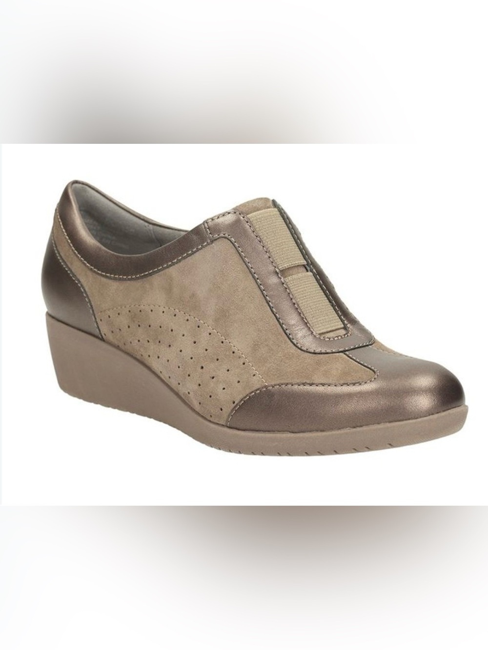 Clarks Women’s Metallic Taupe and Suede Wedge Slip-On Mule Size 8